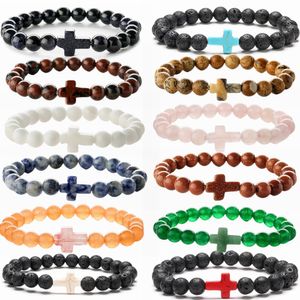 8mm pierre naturelle turquoise bracelet lave agate élastique croix charme bracelets pour hommes femmes