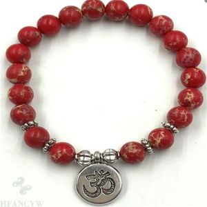 8 mm rojo Imperial Jasper Gemstone Mala Pulsera Lotus colgante Elástico Espiritualidad Lucky Pray Reiki yoga Cuff Monk