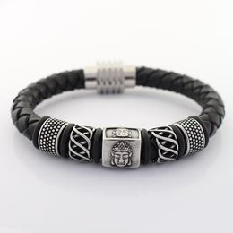 Pulsera Retro de cuero genuino de 8MM para hombre, nunca se decolora, abalorios de Buda de acero inoxidable, brazaletes de cuentas, joyería con cierre magnético