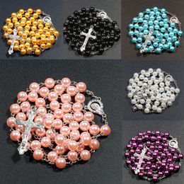 8mm retro Jesus kruis rozenkrans lange imitatie parel kettingen 7 kleuren kralen stijlvolle christelijke unisex mala bidden sieraden