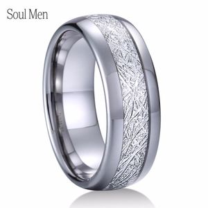 8mm zilver metalen wolfraamcarbide ring met meteoriet inlay glanzende koepeld afwerking eenvoudige trouwring voor mannen maat 8 tot 13 J190715