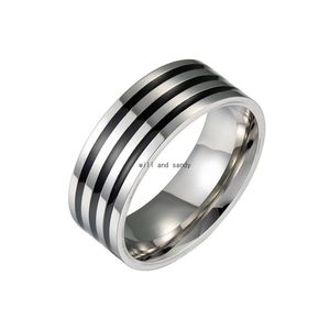 8mm acier inoxydable noir Circel anneau émail bande femmes hommes bagues bijoux de mode volonté et sable