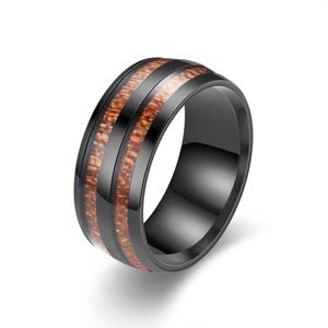 8mm en acier inoxydable incrusté anneaux de bois anneau de queue pour hommes bandes de mariage de fiançailles double rangée petit anneau de grain de bois bijoux de mode