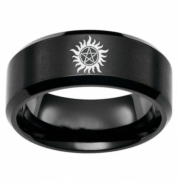 Bague noire en acier inoxydable pour hommes, Logo surnaturel de 8mm, bijoux de bande, taille 6138012495