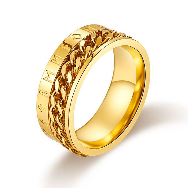 Anillo de cadena giratorio vikingo de acero de titanio de 8mm, anillos de cadena giratorios con letras vikingas chapadas en oro para hombres y mujeres, joyería