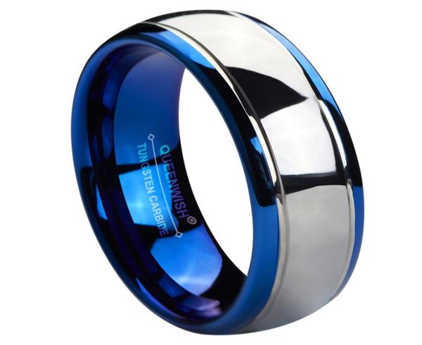 Bague de carbure de tungstène 8 mm bandes de mariage bleu Silver Dome Couple Rings for Lovers Fashion Jewelry7339416