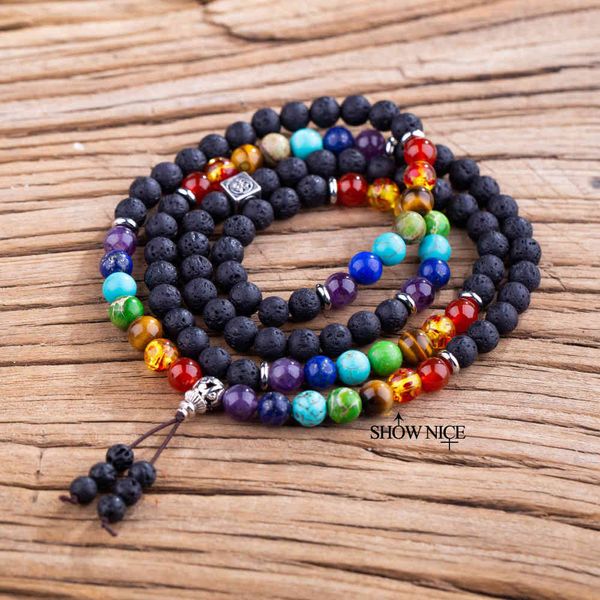 8 mm Stone volcanique à sept roues 108 MALA Hand Stand Buddhist Rosary Collier Meditation Heart Repair Repair Bracelet