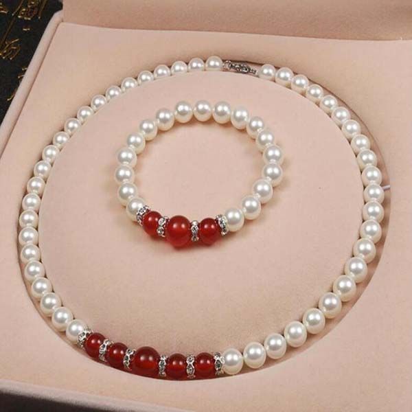 8 mm blanc akoya shell perle / rouge jade gemmes rond perles collier bracelet aaa