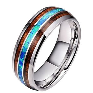 8mm breed hout en blauwe opaal roestvrij stalen ringen voor mannen vrouwen nooit vervagen houten titanium stalen vinger ring mode-sieraden cadeau