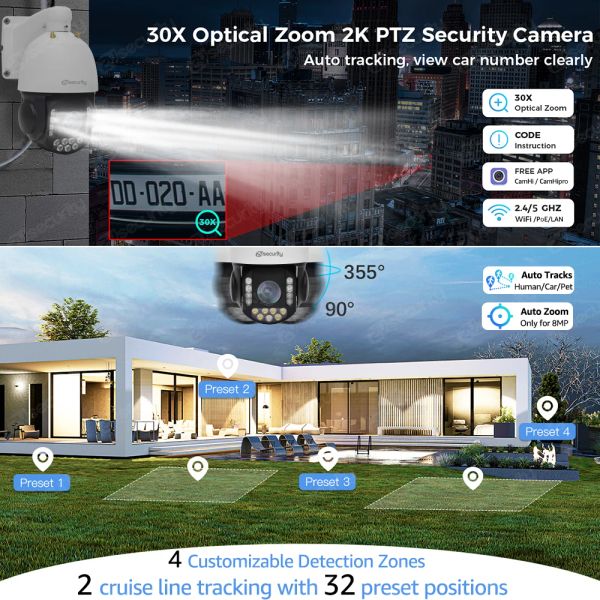 Cámaras IP 4K 4K 30x Zoom Ptz Dome Camera Outdoor 2.4/5G Wifi Cámara Poe Security Tracking automático Cámara de vigilancia de zoom automático