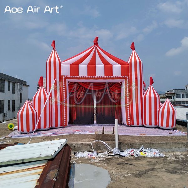 Arche de cirque gonflable 8mW avec rideau amovible, portique d'entrée rouge et blanc pour scène d'événement