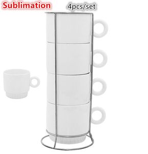 8oz Sublimación Tazas de café Juego de 4 tazas de café apilables en blanco con tazas de capuchino apilables de porcelana en estante con soporte de metal para café, té, cacao, leche