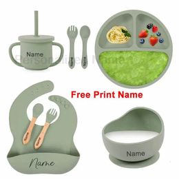 8 pièces ensemble d'alimentation en silicone pour bébé assiette à manger ronde bol à ventouse plats pour enfants nom personnalisé vaisselle pour enfants tasse de paille 240131