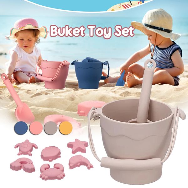 8pcs Beach Toys BPA BPA Free Food-Grade Silicone Fun Summer Outdoor Toys for Kids with Bucket 4 Color Sand Set 240418