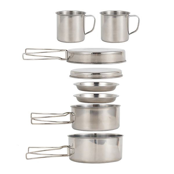 8PCS Kit de utensilios de cocina para acampar Juego de ollas y sartenes de acero inoxidable livianos portátiles con platos y tazas para picnic al aire libre Senderismo 240118