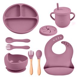 8 piezas de alimentación de alimentación Babs impermeables a los niños Sucker Dinner plato Antislip Bowl Spoon Copa para niños Cosas para bebés L2405
