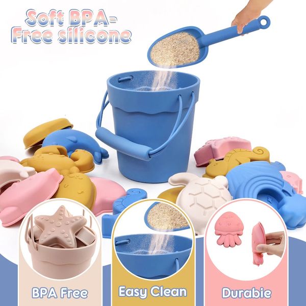 8pcs Silicone de qualité alimentaire - Toys extérieurs d'été amusants pour les enfants BPA-Free Beach Toys écologiques avec seau 4 coloriage 240403