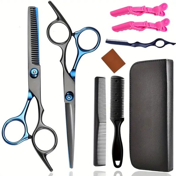 Juego de tijeras de corte de pelo de 8 Uds., juego de tijeras de peluquería de acero inoxidable, tijeras de corte y adelgazamiento para peluquero/salón/hogar/hombres/mujeres/niños/juegos de tijeras para adultos/mascotas