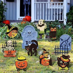 8 pièces, panneaux de cour d'Halloween décorations de pelouse vintage avec piquets décor extérieur en plastique ondulé robuste sorcière chat noir fantôme de citrouille, fête à thème/décor d'Halloween