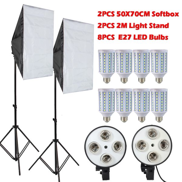 Freeshipping 8PCS Lámparas E27 Bombillas LED Fotografía Kit de iluminación Equipo fotográfico + 2PCS Softbox Lightbox + Soporte de luz para difusor de estudio fotográfico