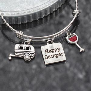 8 unids / lote Happy Camper Pulsera camping regalo RV viaje remolque encanto Acero inoxidable brazalete ajustable glamping joyería gift249E