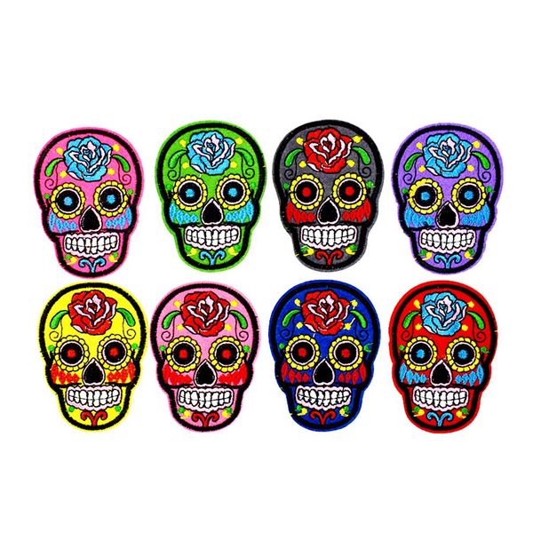 8 Uds. Parches de calaveras multicolores para bolsos de ropa, parche de aplicación de transferencia de hierro para chaqueta, Jeans, pegatinas bordadas DIY para coser 304k