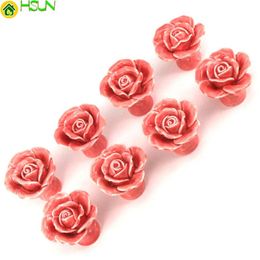 8PCS Roze Keramische Vintage Bloemen Rose Deurknoppen Handvat Handgemaakte Rose Handgrepen Keramiek Keukendeur Kast Lade Knop Pulls276H