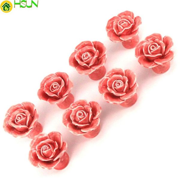 8 pièces Rose en céramique Vintage Floral Rose boutons de porte poignée à la main Rose poignées céramique cuisine porte armoire tiroir bouton Pulls265G