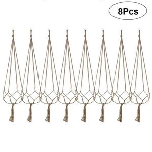 8pcs Hangle de gueule Corde de chanvre Panier de jardinière suspendu Panier de jardinière Macrame Macrame Plant Plant Mur de plante suspension Plante Potte de fleur Support 210712