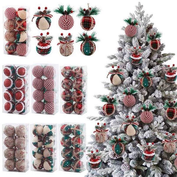 8pcs rouge vert motif à carreaux boules de Noël avec décor de laine de pomme de pin boules suspendues décorations d'arbre de Noël rustique pendentif 211122