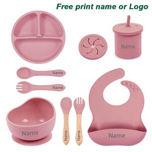 8PCS / Set Bébé Silicone Sucker Bol Assiette Tasse Bavoirs Cuillère Fourchette Ensemble Nom Personnalisé Assiette À Manger Ronde Enfants Plat D'alimentation Sans BPA 240326