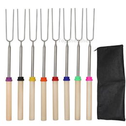 8pcs/set Telescoping Marshmallow Hot Dog Roasting Sticks BBQ Tools Stainless Steel Campfire Skewers Extending Roaster With Wooden Handle & Portable Carrying Bags