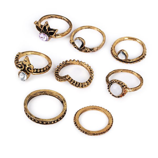 8 pièces/ensemble Vintage Midi anneaux couronne blanc gemme Bronze laiton Knuckle anneau ethnique sculpté Boho Midi bagues pour hommes femmes bijoux de mode