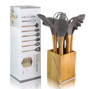 8 Unids Herramientas de Cocina de Silicona Set Utensilios de Cocina Antiadherente Espátula Pala Mango de Madera con Caja de Almacenamiento Herramientas de Cocina Mejor Regalo T200415