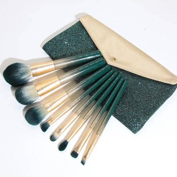 8pcSset Luxury Glitter Bling Makeup Brush Gradient Green Gold Color For Women Beauty Tool 240403