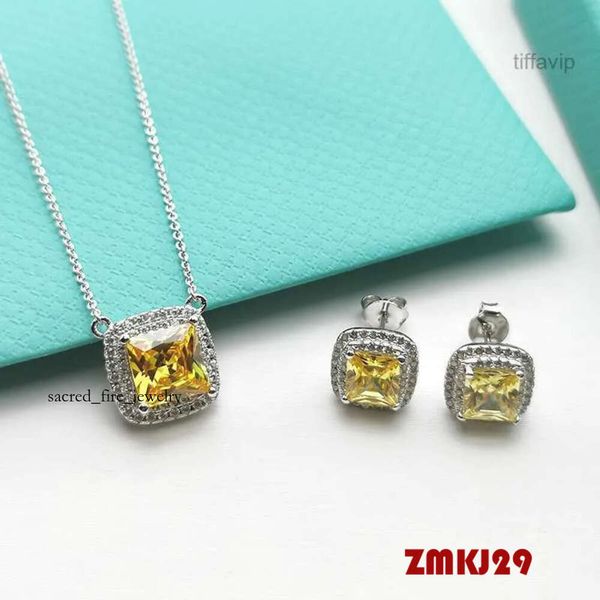 8rte Joyería de diseño Tiffanyset Collares pendientes T's New Square Sugar Yellow Diamond Necklace Ear Stud Set Tiktok Live 925 Sterling Si 8704