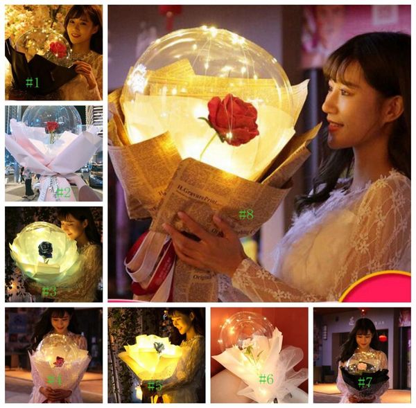 8styles Led Rose Ballon Transparent Rose BOBO Ball Rose Bouquet De Fleurs Ballons avec Lumière Décoration De Mariage Valentine039s Da8950003