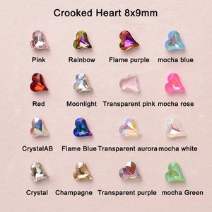 8x9mm Crooked Peach Heart Nail Art Rhinestone Tip Bottom Heart Gemengde kleur Glanzende 3D-vingernagel DIY-decoratie 20/50PCS 240202