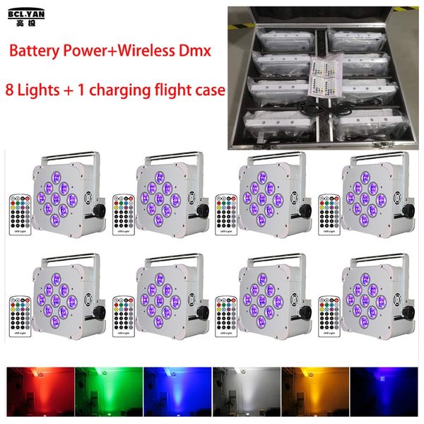 8xlot avec boîtier de vol rgbwauv 6 en 1 pile sans fil dmx plate pair uplighting wireless dmx stade light widding uplights 292f