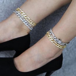 9 10 Femmes Chaîne de jambes Iced Out Bling 5A CZ 12 mm Largeur Figaro Cuban Link Chain Anklet Summer 240508