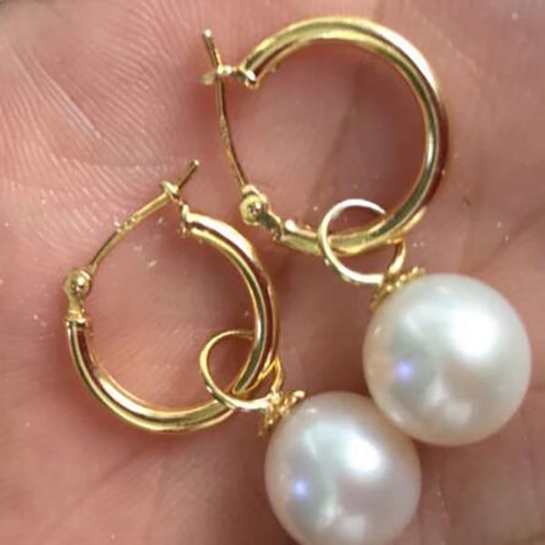 9-10 mm Round Round White Australie South Sea Pearl Slipe d'oreille Boucle d'oreille 14k / 20 or