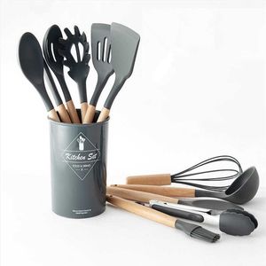 9/11/12PCS Utensilios de cocina de silicona Set Antiadherente Espátula Pala Mango de madera Herramientas de cocina Set con caja de almacenamiento Utensilios de cocina T200415