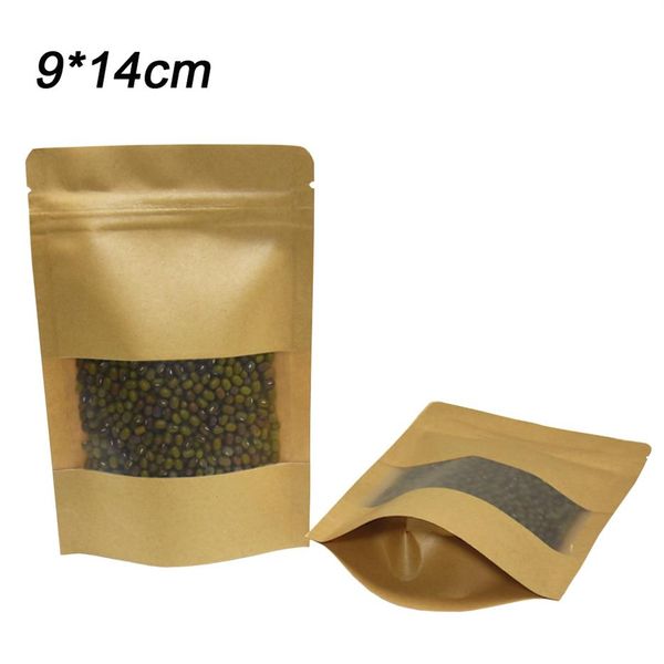 Bolsas de papel Kraft de pie vacías de 9 14cm, bolsas de papel con cremallera resellable para comida, café, aperitivos, bolsa de papel con ventana transparente 50214j