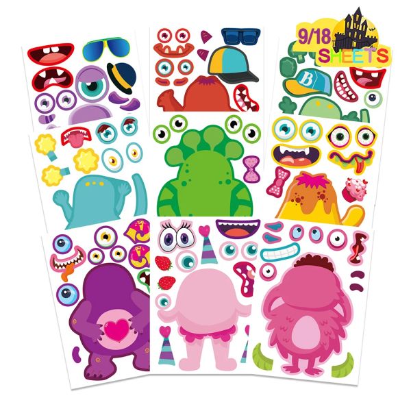 9/18sheets Enfants Diy Monster Puzzle Stickers Game Make A Face Face Assemble Jigsaw Kid