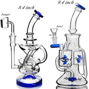 Narguilé en verre de style hélice spécial de 9,4 pouces bangs d'eau épais recycleur bleu pipe capiteuse dab rigs avec joint de 14mm