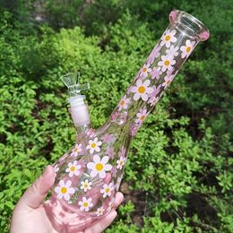 Verre Rose Daisy Bong Dab Rigs Narguilés Base De Bécher Tige En Bas Perc Tuyau De Fumée Barboteur Avec Joint de 14mm 25cm de haut