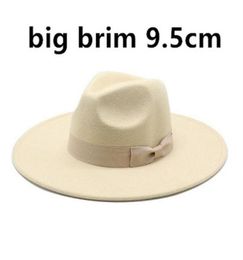 9 5cm Grande Brim Wool Felt Fedora Chapeaux avec Bow Belts Femmes Men Big Simple Classic Jazz Caps Couleur solide Robe Formal Church Cap295764749