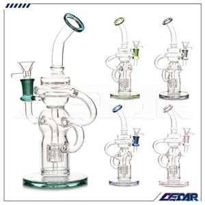 9.8 pulgadas Dab Rig Bongs de vidrio coloridos Hookahs Tubos de agua Perc en línea Plataformas petroleras Reciclador Bong Bubbler con tazón de 14 mm