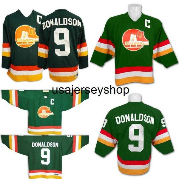 9 Barclay DONALDSON BroomCounty BLADES Slapshot Película Hockey Jerseys con Capitán C Parche Verde Hombres Mujeres Jóvenes Doble cosido