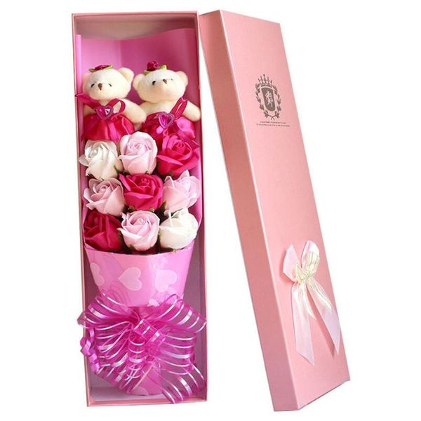 9 oso muñeca rosa jabón ramo caja de regalo Día de San Valentín regalo de cumpleaños flor de jabón al por mayor
